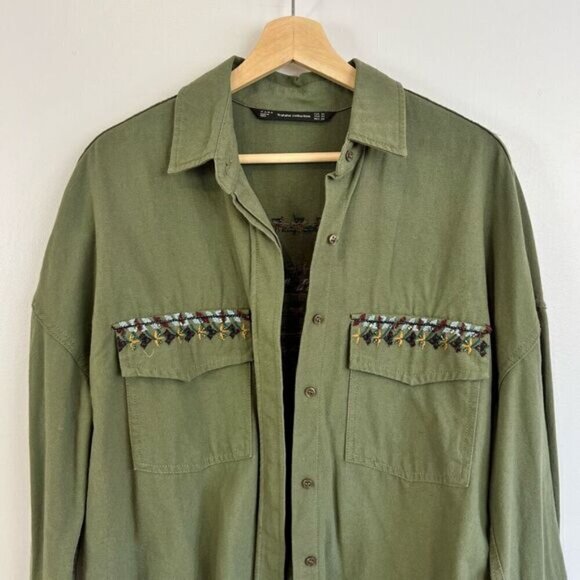 Zara Trafulac Collection Women’s XS Army Green Embroidered Button Down Shirt Top - Picture 13 of 13